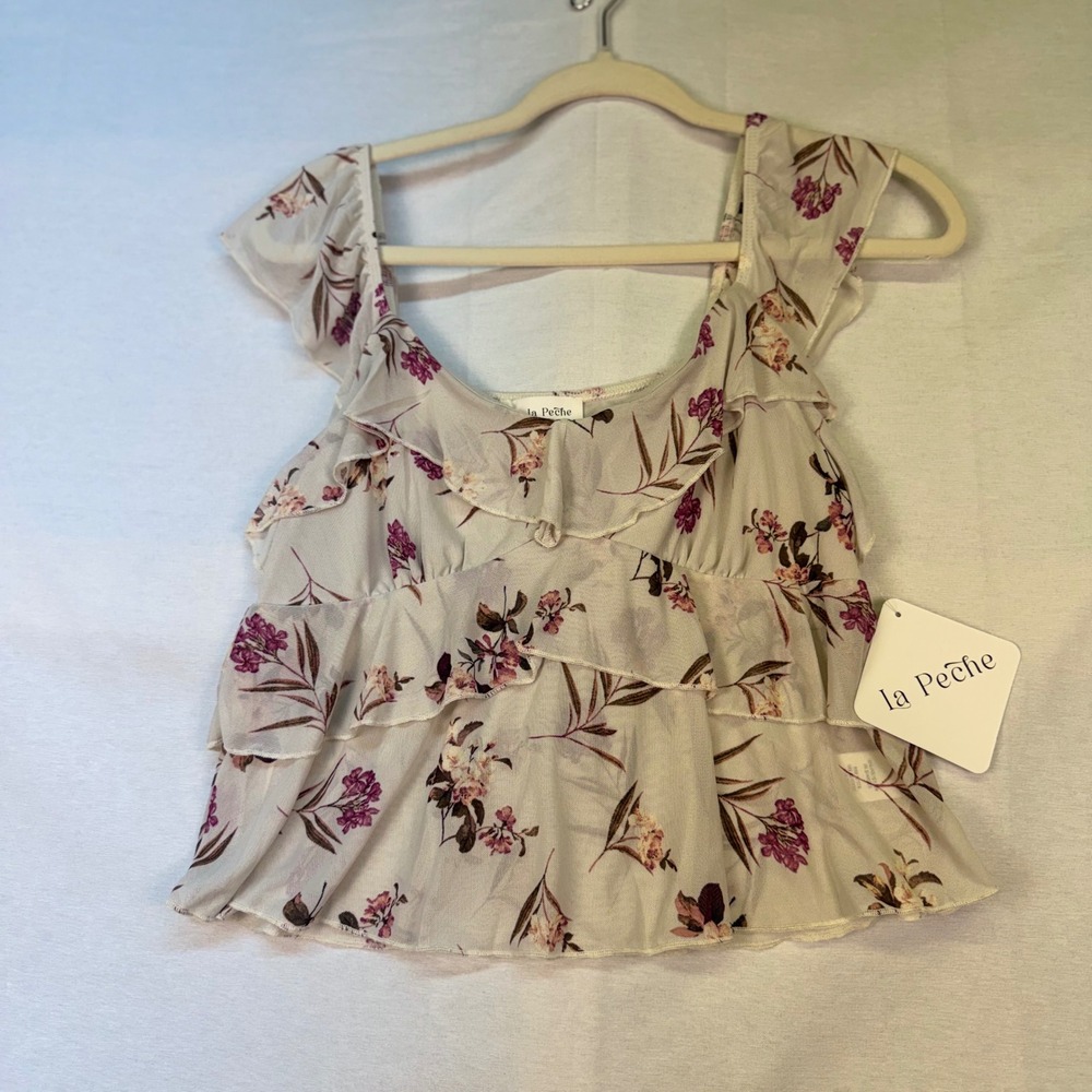 La Peche Womens Floral Ruffle Mesh Crop Top Cream Purple Square Neck Medium NWT